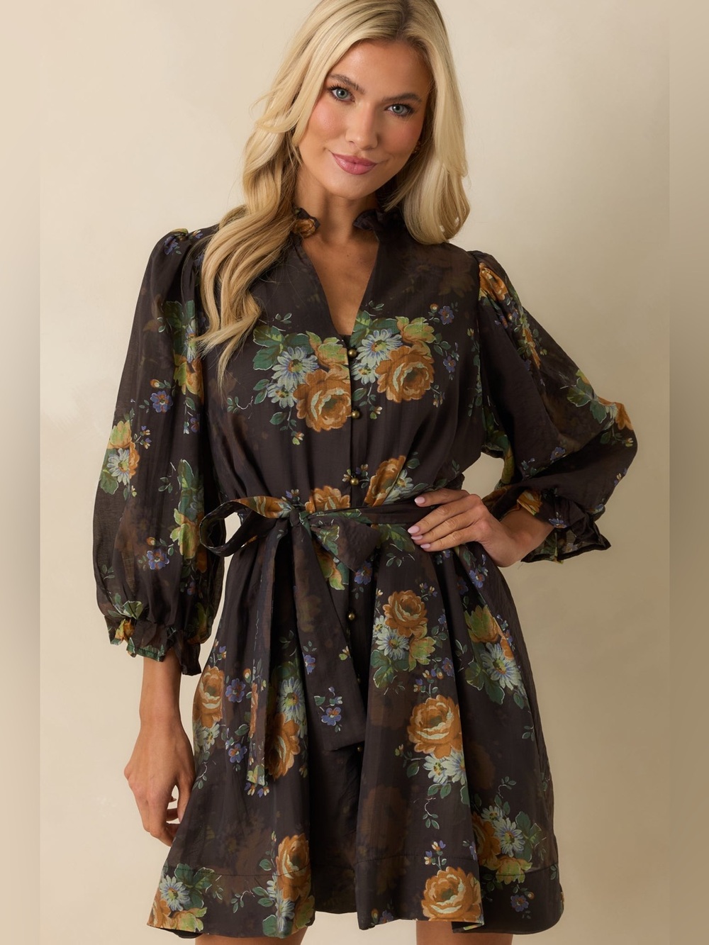 Entro Black Floral Tie-Waist Fall Mini Puff Sleeve Dress size Large